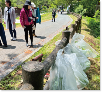 歩道を歩いている人と歩道脇の柵に草が入ったごみ袋を並べている様子