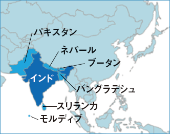 インド,スリランカ,パキスタン,ネパール,バングラデシュ,ブータン,モルディブの場所を示した東南アジアの地図。