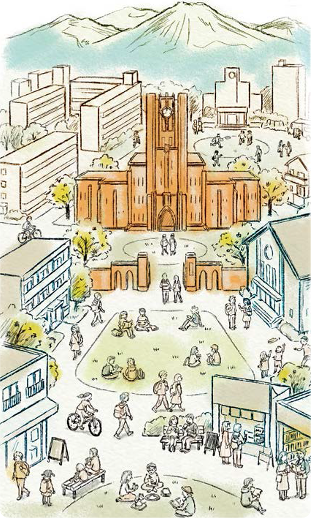 多くの人々がいる東大キャンパスを俯瞰で見たイラスト