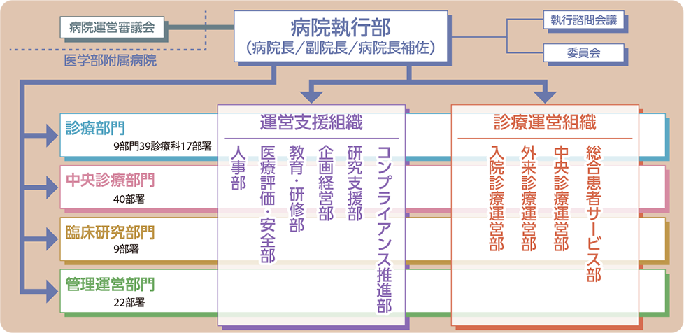 「病院執行部」から「運営支援組織」「診療運営組織」や「診療部門」「中央診療部門」「臨床研究部門」「管理運営部門」に伸びている組織図